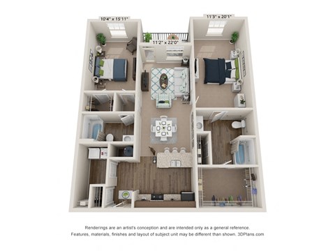 Floor plan for 2 beds, 2 baths, 1257 sqft